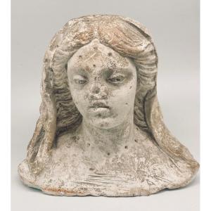 Sculpture Of A Female Bust In Limestone Stone.