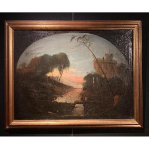 Oil On Canvas Landscape At Sunset