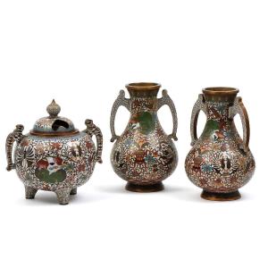 Japan 19th Century Set Of Two Bronze And Cloisonné Enamel Vases And An Incense Burner