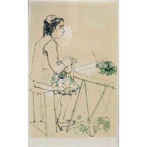 Jean Jansem Original Pencil And Pastel Drawing On Paper Of A Woman In A Restaurant Titled