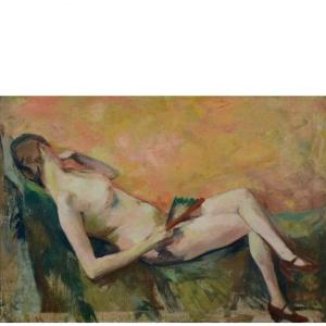 Jacques Bergmans “reclining Nude With A Fan” Oil On Canvas 20th Century