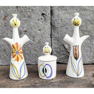 Roger Capron Anthropomorphic Ceramic Vinegar Cruet Oil And Mustard Pot Flower Decor