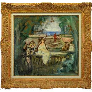 Pierre Laprade Characters In A Park Oil On Wood Panel, Early 20th Century Around 1930
