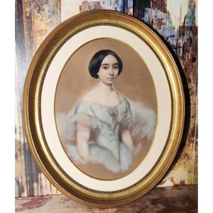 Pastel Portrait Of A Young Woman, "lydie Bordery," By Benoit Blanc, 1855