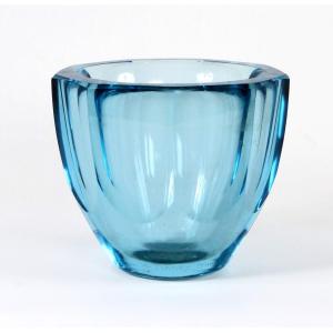 Daum Nancy France Blue Crystal Vase With Cut Ribs Circa 1930