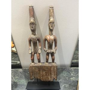 African Couple Statue, Baoulé Region, Ivory Coast, On A Contemporary Black Base.