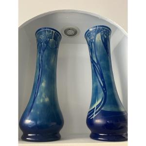 Beautiful Pair Of Art Nouveau Vases With Floral Decorations 