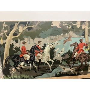 Art Deco Painting By The Painter Lucien Maisonneuve, Subject Of A Fox Hunt, Created In 1940