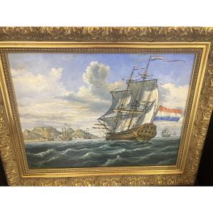 Beautiful Marine Painting By The Dutch East India Company, By The Painter Pierre Saez