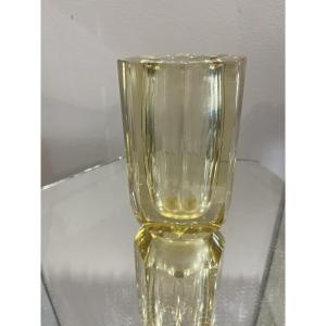 Beautiful Daum Art Deco Vase With A Panel, Yellow, 14 Cm