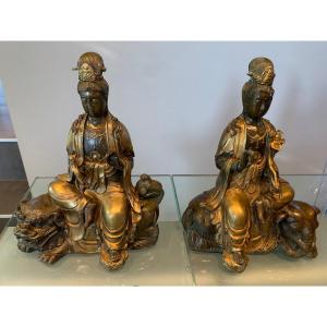 Pair Of Guanyin 19 Ieme In Bronze Decorations Of Fo Dog And Elephant Head