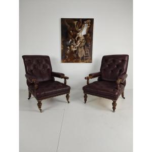 Pair Of Antique Library Chairs - Original William Morris & Co Edinburgh Stamped Armchairs