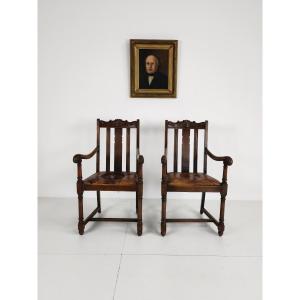 Pair Of Oak Armchairs F. Parker & Fils - English 19th Century