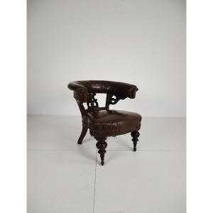 Antique Leather Armchair By Robson & Son - Carved Wood And Castors, Newcastle