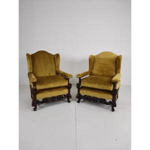 Pair Of 19th Century Carved Walnut Armchairs - Floral Motifs - Velvet Upholstery