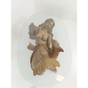 Wooden Mermaid Coffee Table With Glass Top