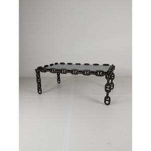Vintage Brutalist Coffee Table In Black Chain-link Iron With Original Smoked Glass, Vintage