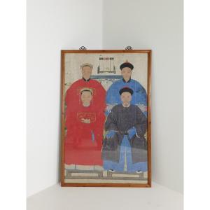 A Framed Ancestral Chinese Portrait Is A Traditional Hand-made Painting.