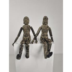 Pair Of Antique Chinese Wooden Dolls, Fertility Symbols - Boy And Girl Figurines