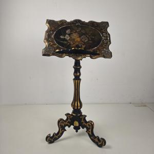 Antique French Music Stand In Lacquered Papier-mâché With Mother-of-pearl Inlays, Circa 1880