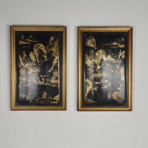 Pair Of 19th Century Chinoiserie Panels In Gilded Frames.