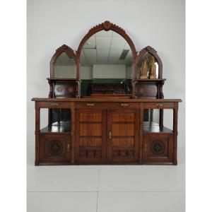 Rare 19th-century English Arts & Crafts Oak Sideboard, Signed Pratt & Prince, Decorated With Inlaid Wood.