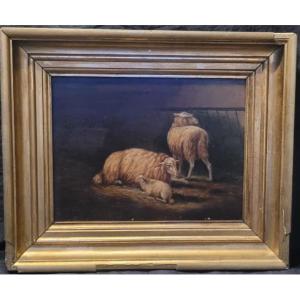 Eugène Verboekhoven, Sheep In The Stable, Oil On Panel, 19th Century
