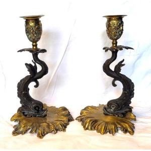 Pair Of Candlesticks With Dolphins, Gilt Bronze, 19th Century