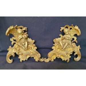 Pair Of Andirons With Putti, Gilt Bronze, 19th Century