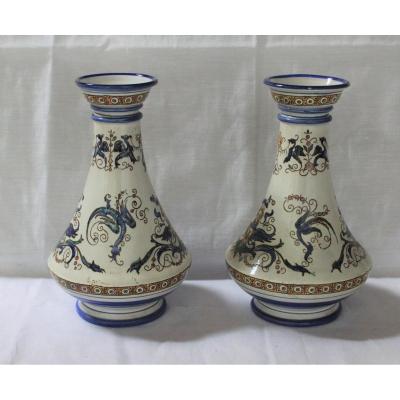 Pair Of Gien Vases, Renaissance Decor 1860