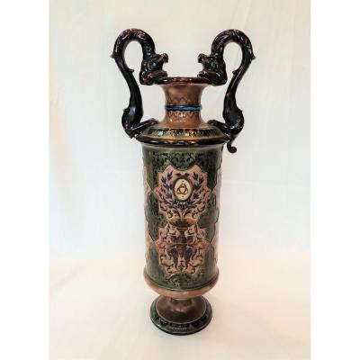 Large Vase With Dragons Old Man Bordeaux Enamels Caranza
