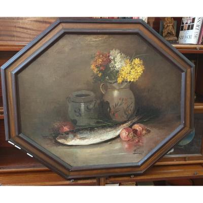 Maurice Larue: Large Still Life With Fish