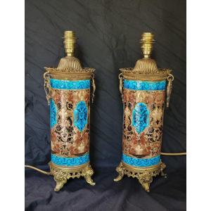 Pair Of Old Man Bordeaux Lamps, Enamels Caranza XIX