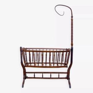 Wooden Crib With Linen Bedding, 1920s