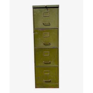 Antique Military-style Metal Filing Cabinet With 4 Drawers, Suitable For Archives, Storage, Or Filing.
