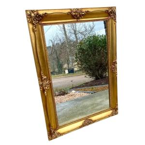 19th Century Style Beveled Mirror In Gilded Wood With Ornate Corners, 1950s