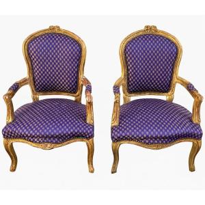 Pair Of Louis XV Style Baroque Armchairs Upholstered In Blue Satin Fabric With Patterns
