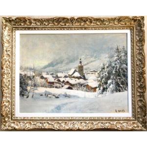Large Mountain Painting View Of Megeve By Ange Abrate (contencin, Wibault)