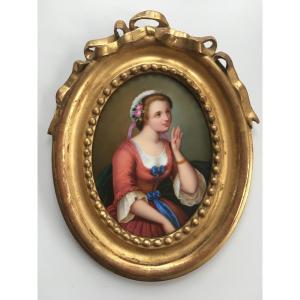 Portrait Of A Woman, Porcelain Painting In A Gold Frame
