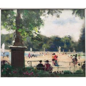 Painting By Jules René Hervé - The Grand Basin Of The Tuileries Gardens, Paris