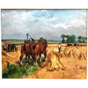 Large Painting By Adrienne Jouclard Harvest Scene