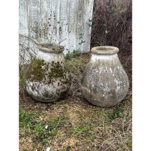 Large Pair Of Old Concrete Jars