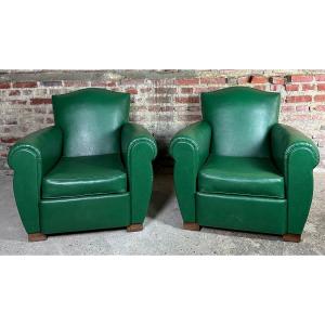 Armchairs (the Pair) Vintage 1950 In Dark Green Skai