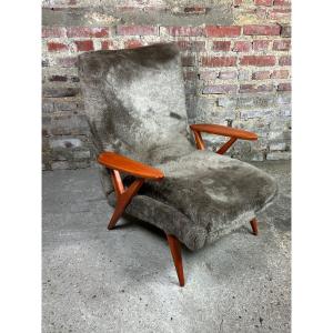 Vintage 50's Scandinavian Armchair In Stained Beech And Plush Fabrics