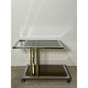Trolley / Belgo Chrom Rolling Table In Chromed And Golden Brass 70's