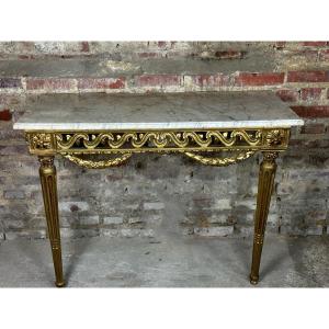 Louis XVI Style Console In Carved Wood Marble Top XVIII Eme