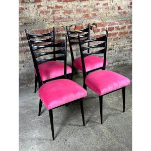 Vintage 60's Chairs (set Of 4) Italy In Blackened Wood And Pink Velvet