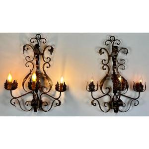 Wrought Iron Sconces (pair) With Foliage Decor