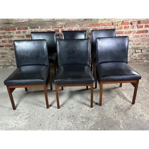 Scandinavian Teak And Black Leatherette Chairs (set Of 6) By Vanson 1970's