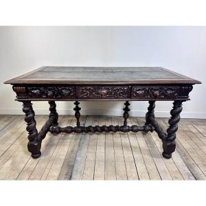 Louis XIII Style Oak Desk Stamped Mombro Ainé 19th Century